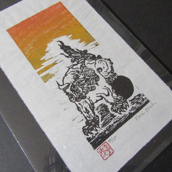 Temple Okinawa Shisa Dog Lion Woodblock Print Woodcut Moku Hanga