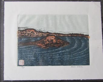 Crater Lake National Park Oregon Modern hand carved woodcut woodblock print Japanese moku hanga washi paper signed Kevin Clark