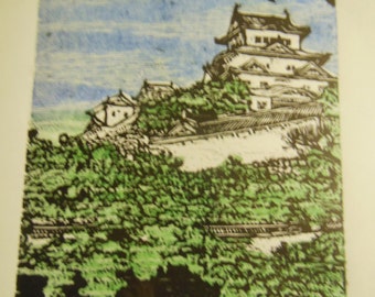 original woodblock print woodcut Japanese Moku Hanga Himeji Castle Japan signed Kevin Clark