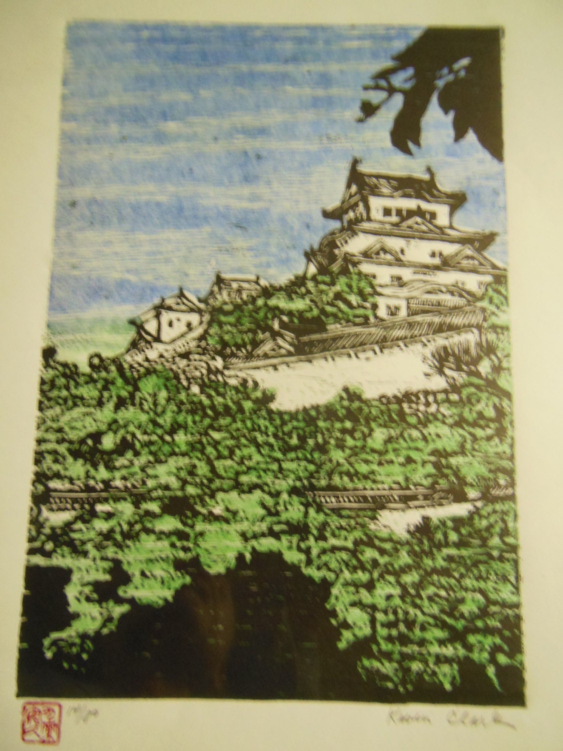 Original Woodblock Print Woodcut Japanese Moku Hanga Himeji