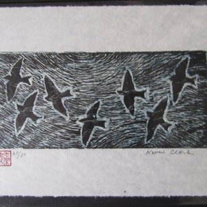 7 Birds Swallows Martins original hand carved woodblock print  Moku Hanga Japanese washi paper signed Kevin Clark