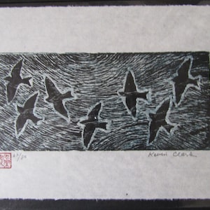 7 Birds Swallows Martins original hand carved woodblock print  Moku Hanga Japanese washi paper signed Kevin Clark