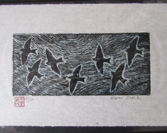 7 Birds Swallows Martins original hand carved woodblock print  Moku Hanga Japanese washi paper signed Kevin Clark