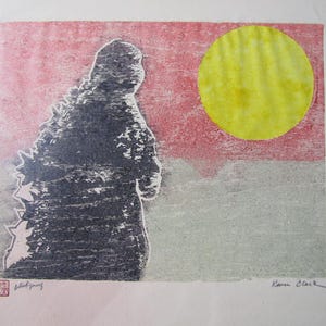 Kaiju Moon godzilla-like monster night shadow hand carved woodblock print Japanese washi paper signed Clark