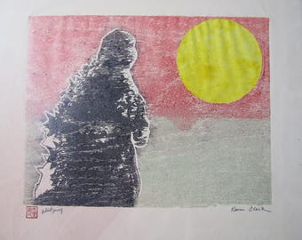 Kaiju Moon godzilla-like monster night shadow hand carved woodblock print Japanese washi paper signed Clark