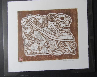 Mayan Glyph Copan Honduras woodcut grabado engraving carved woodblock print Japanese moku hanga washi paper signed Kevin Clark