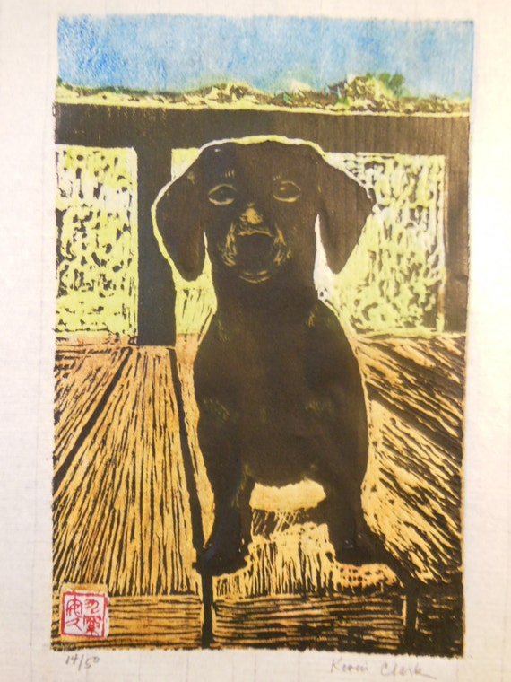 Dachshund Dog Hand Carved Woodblock Print Japanese Washi Paper