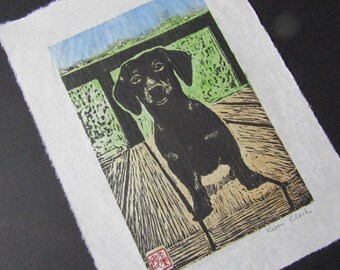 Dachshund Dog Puppy Hand Carved Woodcut Woodblock Print Japanese