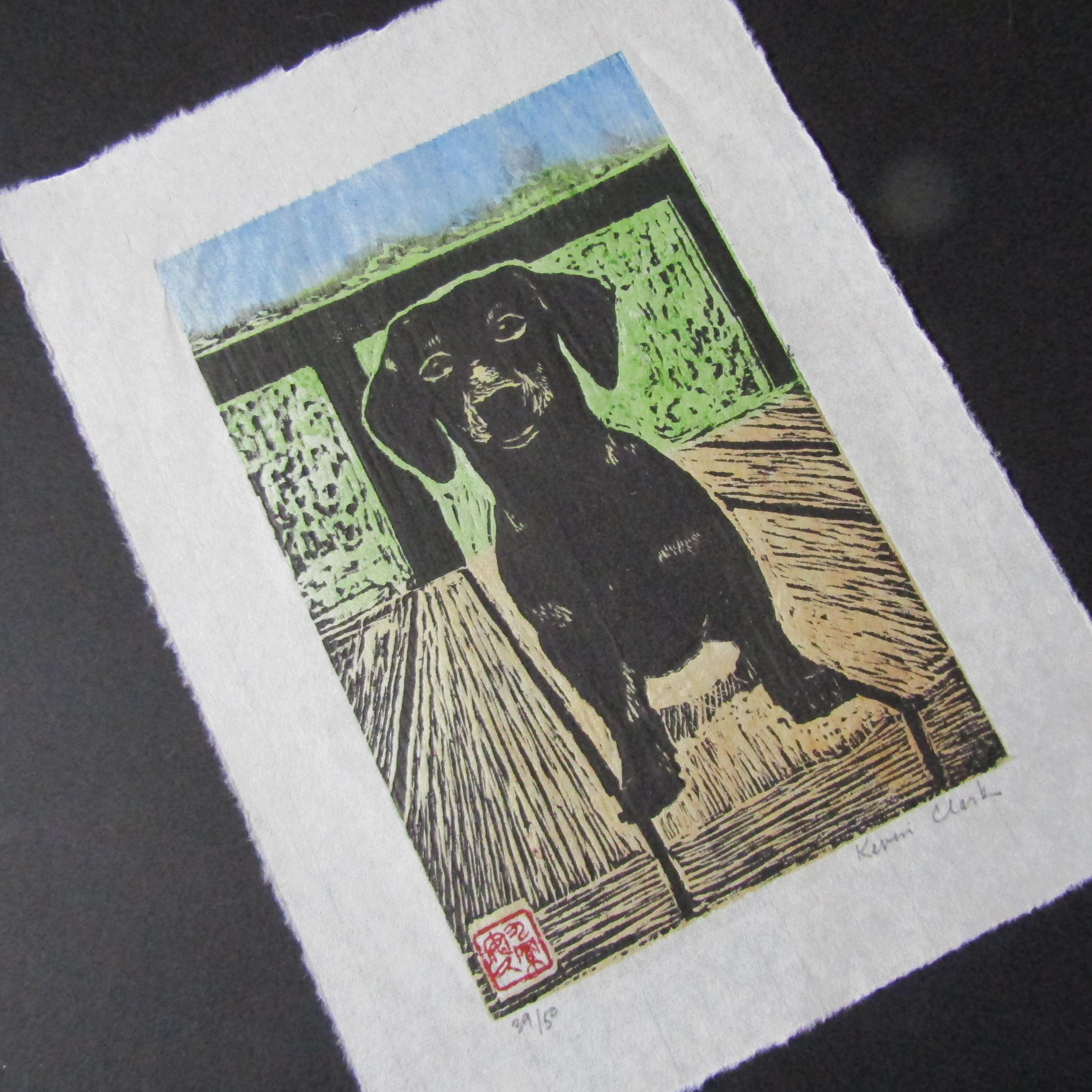 Dachshund Dog Puppy Hand Carved Woodcut Woodblock Print Japanese