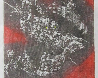 Smiling Dragon Wood Ryu liu LARGE hand carved woodblock print woodcut kaiju Japanese moku hanga washi paper signed Clark