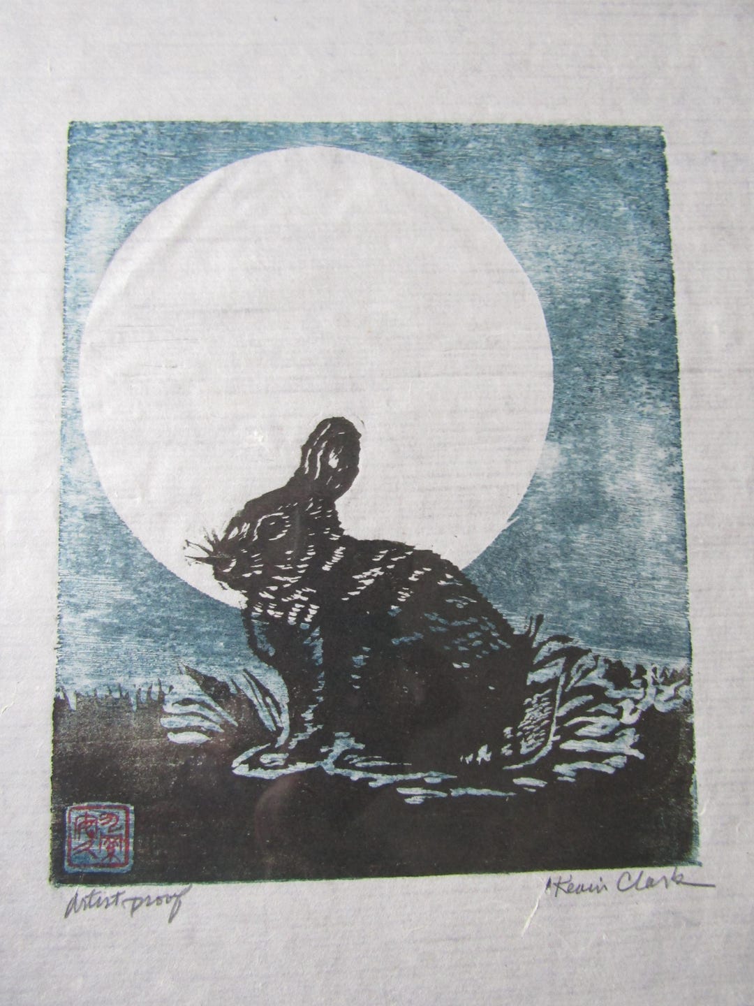 うさぎの月、ウサギの手彫り木版画、和紙、サイン入りプルーフ - Etsy 日本