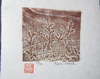 Thistle Bush Landscape original woodcut hand carved woodblock print Moku Hanga Japanese washi paper signed Kevin Clark