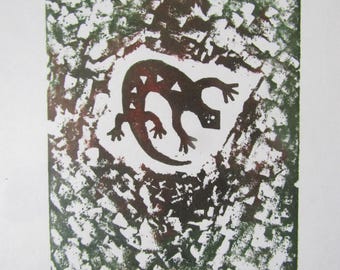 Stone Lizard Gecko woodcut engraving hand carved woodblock print Japanese washi paper signed Clark
