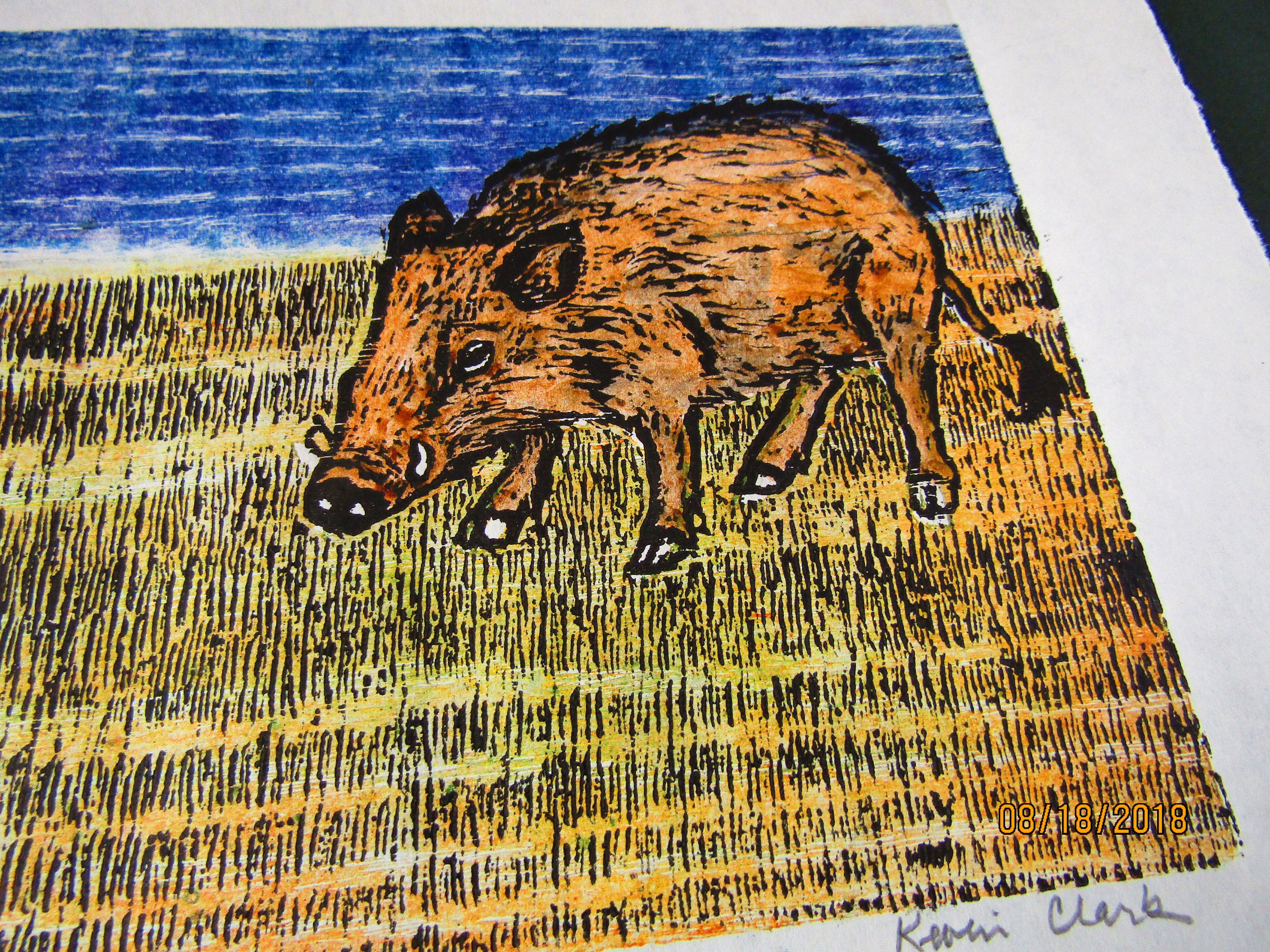 Wild Pig Boar Hog Sow Woodcut Engraving Hand Carved