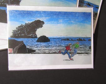 Kaiju Dinosaur Godzilla monster Face Rock Bandon Oregon blank 5x7 greeting note cards moku hanga woodblock print reproductions set of 10