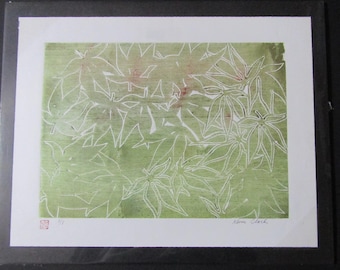 Japanese Maple tree leaf hand carved woodcut woodblock print Moku Hanga signed Kevin Clark