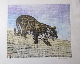 Tiger Katze Neko Tora original handgeschnitzter Holzschnitt Moku Hanga auf japanischem Washi Papier signiert Kegeln Clark