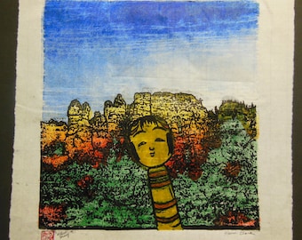 Kokeshi Selfie Tour Red Canyon hand carved woodblock print hand pulled, numbered signed Kevin Clark