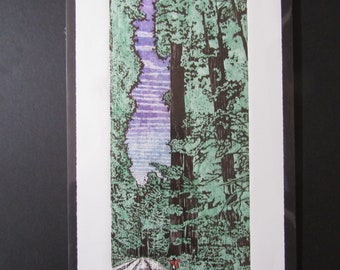 Original hand carved woodblock print  Sequoia Redwood tree Avenue of the Giants Japanese acid free washi paper signed Kevin Clark