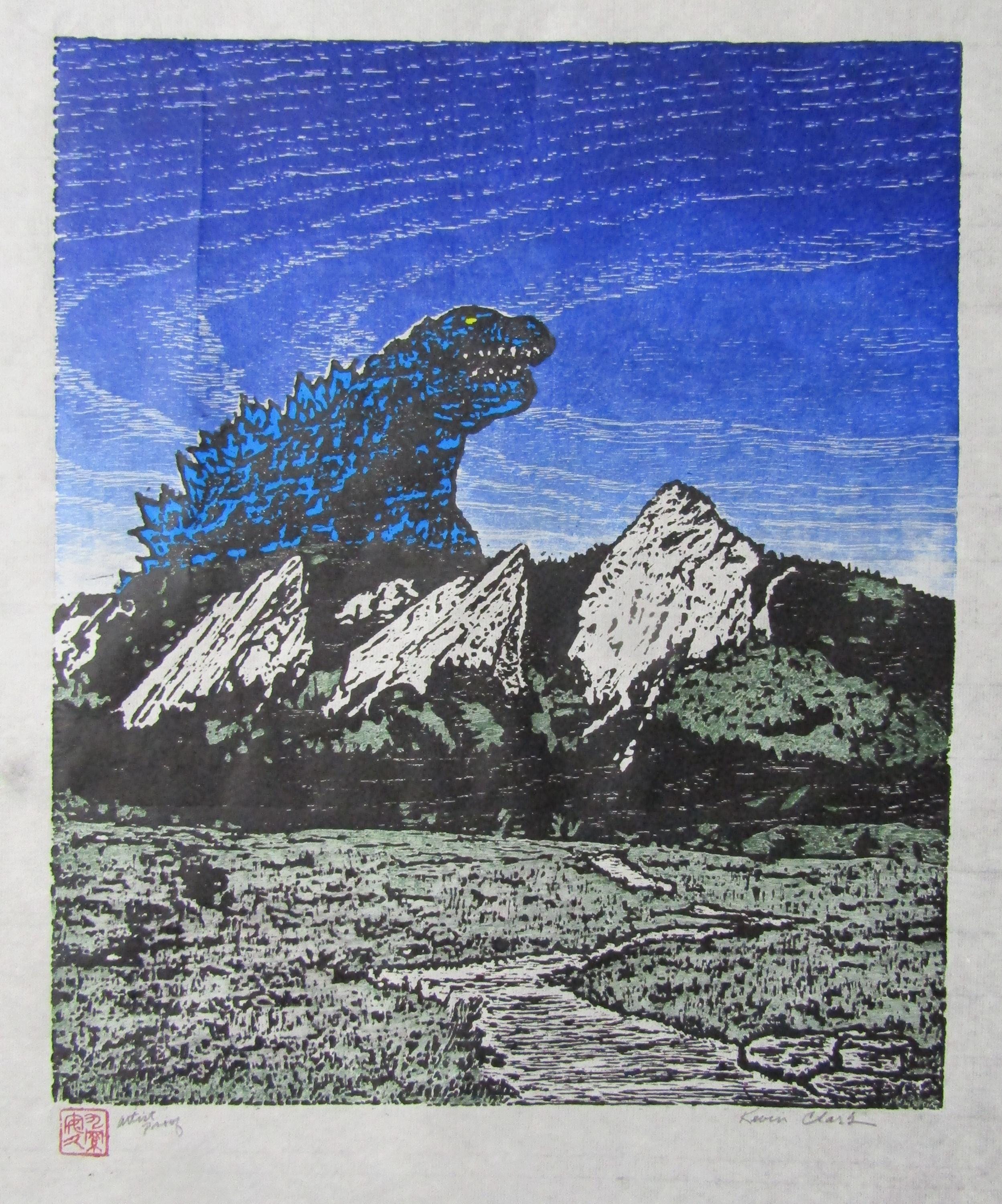 Original Woodblock Print Japanese Moku Hanga Godzilla Kaiju