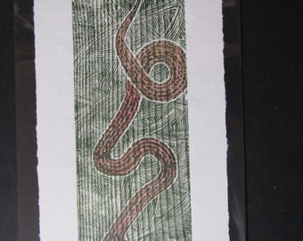 Grass Snake Habu original hand carved woodblock print Moku Hanga Japanese washi paper signed Kevin Clark