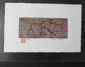 cherry tree flower plum branch hand carved woodcut woodblock print Japanese moku hanga washi paper signed Kevin Clark