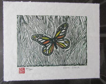 Grass Butterfly insect hand carved woodcut woodblock print Japanese moku hanga hdwashi paper signed Kevin Clark
