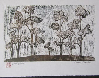 Modernist eucalyptus Tree Forest Park original woodcut hand carved woodblock print Japanese Moku Hanga signed Kevin Clark