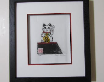 Maneki-neko Lucky Cat kitty kitten Woodblock print woodcut Moku Hanga Japanese Washi signed Clark CUSTOM FRAMED