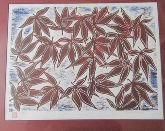 Japanese Maple tree leaf hand carved woodcut woodblock print Moku Hanga signed Kevin Clark