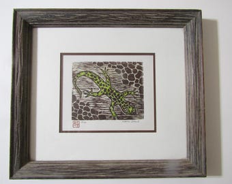 Signed Lizard Woodblock Print - Japanese Washi Paper, Custom Framed