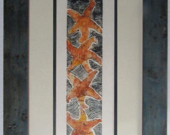 Starfish Stack original hand carved woodblock print Moku Hanga Japanese washi paper signed and beautifully framed!