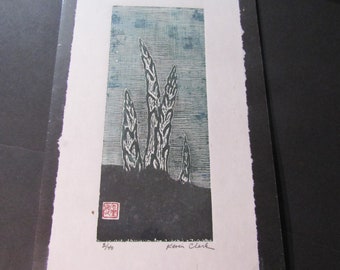 Asparagus Vegetable growing original hand carved woodblock print Moku Hanga Japanese washi paper signed Clark