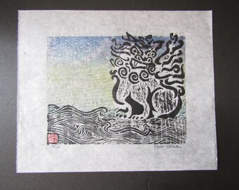 沖縄島シーサー手彫り木版画木版画和紙サイン入りクラーク - Etsy 日本