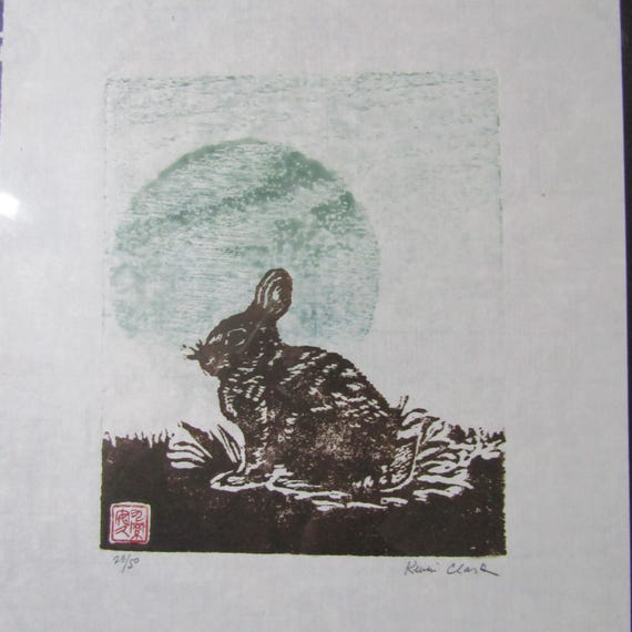 Rabbit Moon, Bunny Hare Hand Carved Woodblock Print Japanese Washi