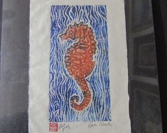 Ocean Seahorse sea dragon hand carved woodcut, woodblock print Japanese moku hanga washi paper signed Clark