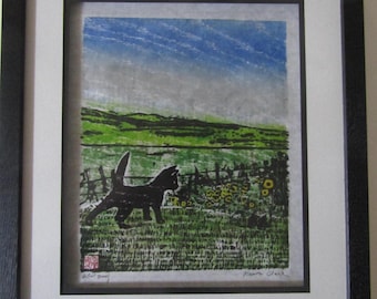 Grabado original en madera de Country Cat & Mouse, tallado a mano en papel washi japonés Moku Hanga, enmarcado a medida y firmado por Kevin Clark.