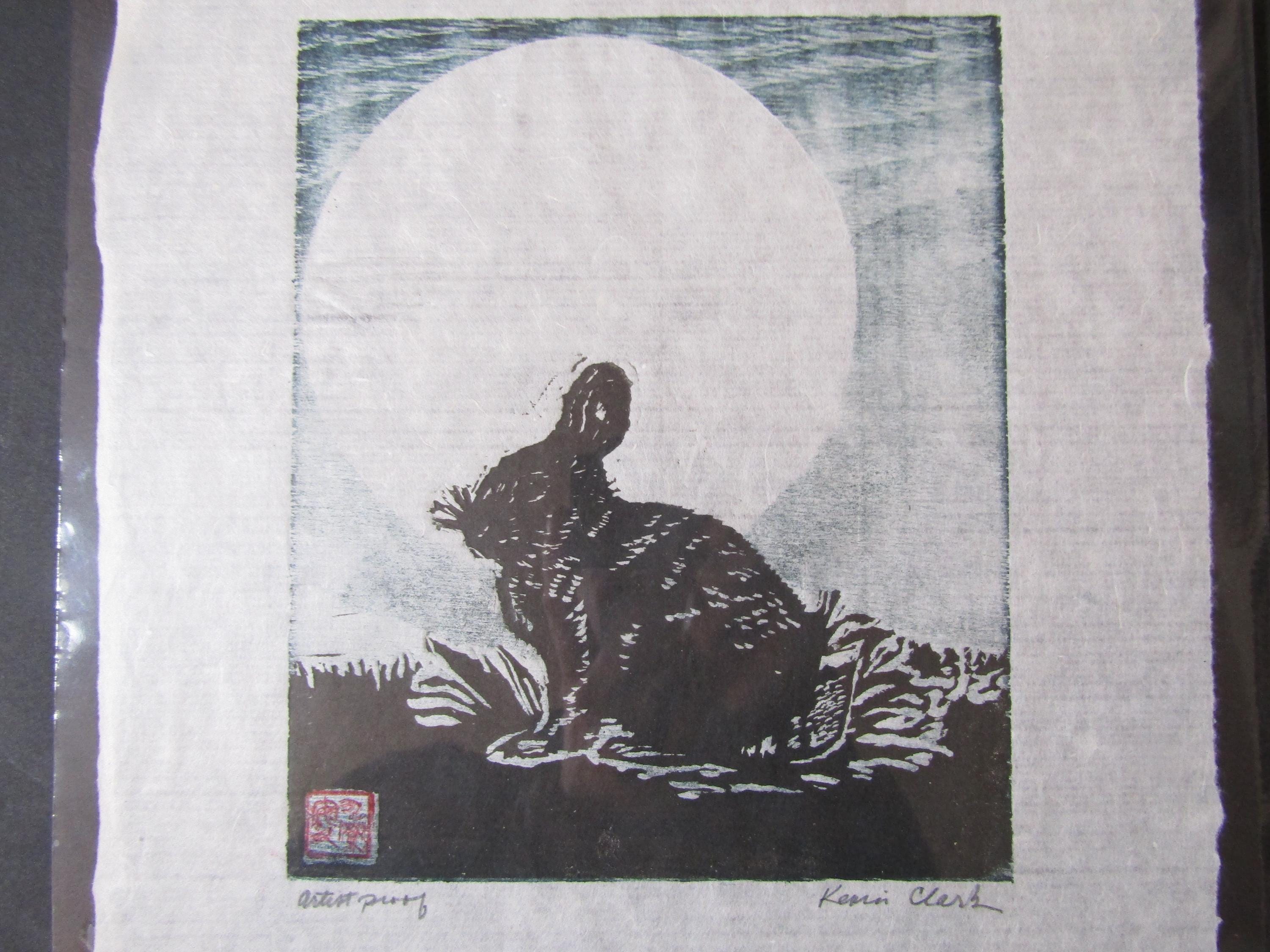 うさぎの月、ウサギの手彫り木版画、日本の和紙、署名入りプルーフ