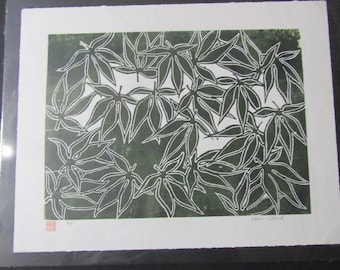 Japanese Maple tree leaf hand carved woodcut woodblock print Moku Hanga signed Kevin Clark
