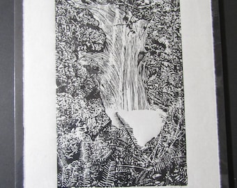 Forest stream waterfall Taki hand carved original woodblock print Japanese moku hanga signed Clark