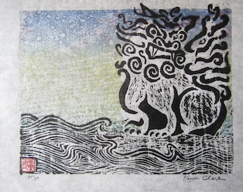 沖縄島シーサー手彫り木版画木版画和紙サイン入りクラーク - Etsy 日本