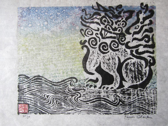 Okinawa Island Shisa Hand Carved Woodcut Woodblock Print Japanese