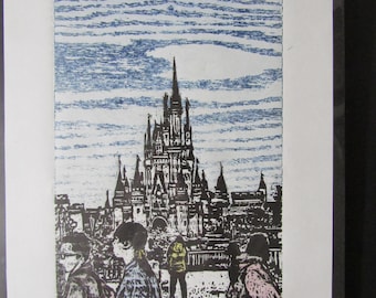 Tokyo Disneyland Castle View Memory  hand carved original woodblock print Japanese moku hanga signed  Clark