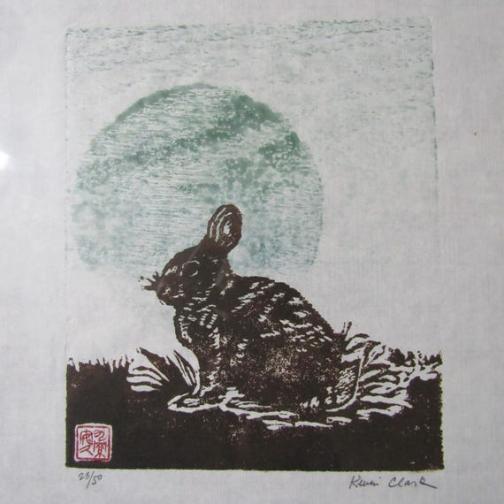 Rabbit Moon, Bunny Hare Hand Carved Woodblock Print Japanese Washi