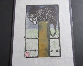 Opossum originele hand gesneden houtblok print Moku Hanga Japanse washi papier ondertekend Kevin Clark