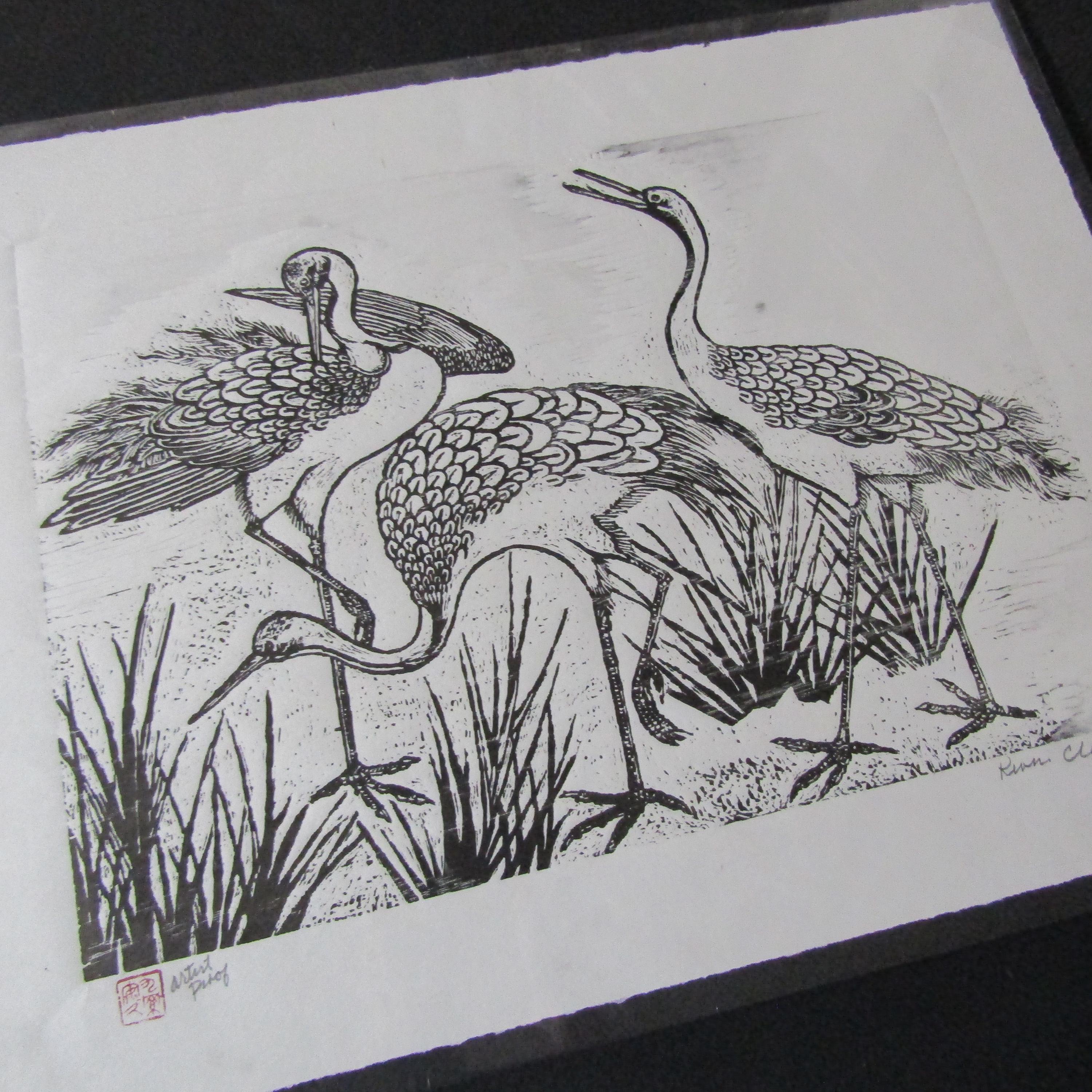 Crane Tsuru Sagi Original Hand Carved Woodcut Woodblock Print Moku