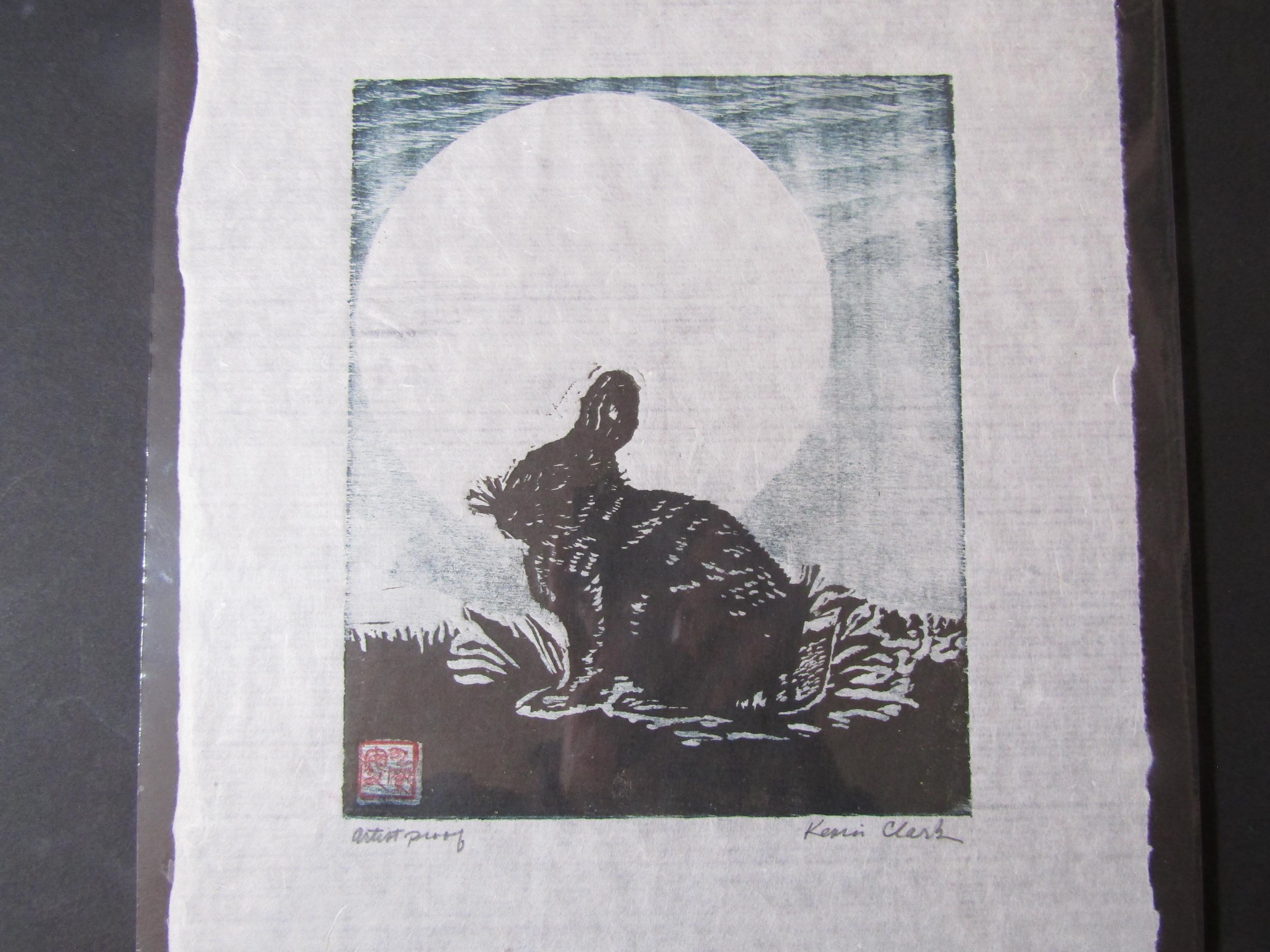 うさぎの月、ウサギの手彫り木版画、日本の和紙、署名入りプルーフ