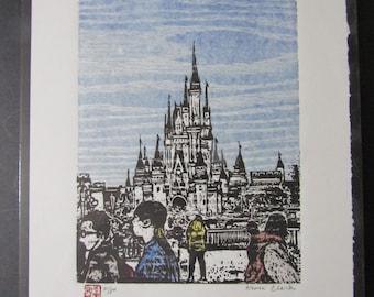 Tokyo Disneyland Castle View Memory  hand carved original woodblock print Japanese moku hanga signed  Clark