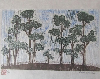 Modernist eucalyptus Tree Forest Park original woodcut hand carved woodblock print Japanese Moku Hanga signed Kevin Clark