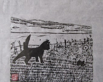 Country Cat & Mouse originele handgesneden houtsnede Moku Hanga Japans washipapier gesigneerd Kevin Clark